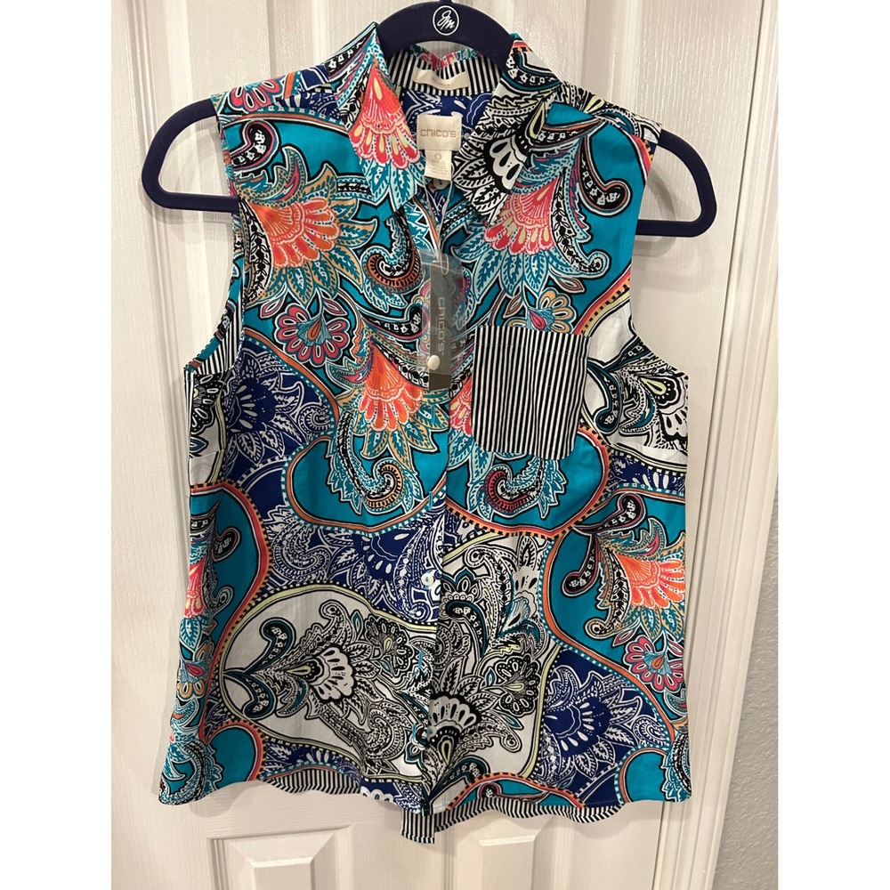 Chico's Top Multicolor Paisley Striped Sleeveless Button Back No Iron Shirt